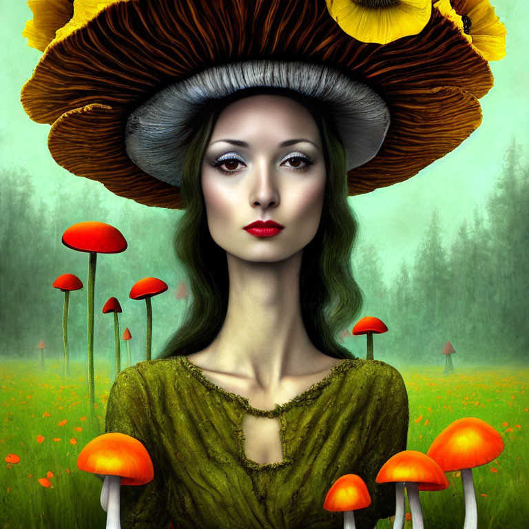 Surreal portrait of a woman with mushroom hat in misty forest