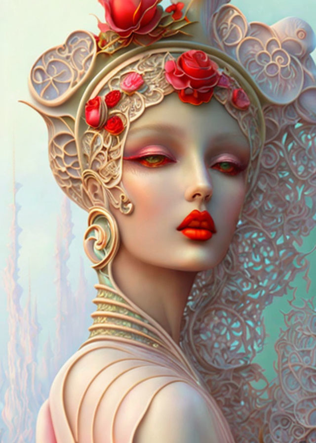 Female figure with ornate headpiece and red lips on soft background