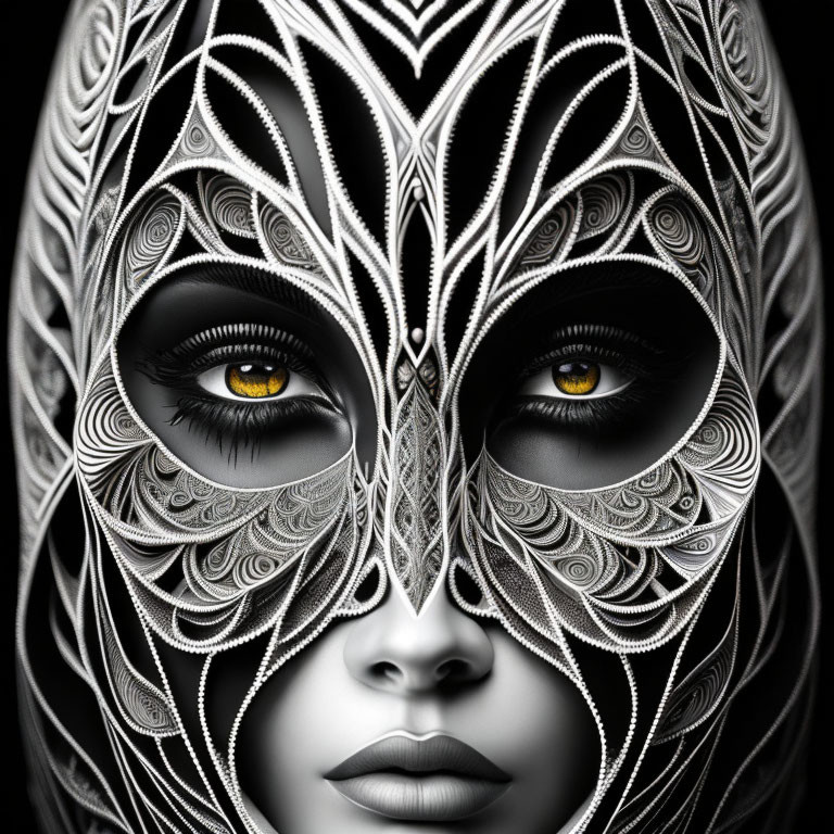 Monochrome image of person in detailed feather-like mask with intense yellow eyes