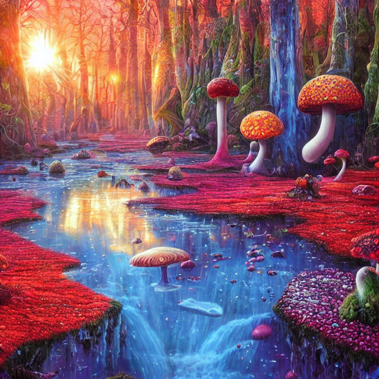 Colorful Mushroom Forest with Glowing Sunset & Stream
