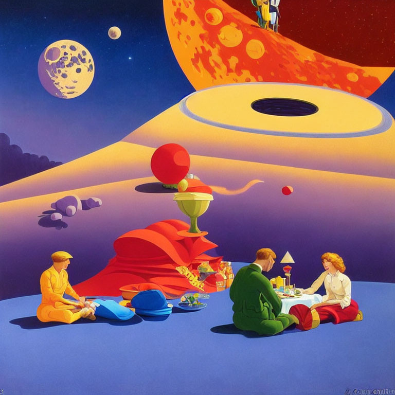 Colorful surreal artwork: Four individuals dining on floating platform