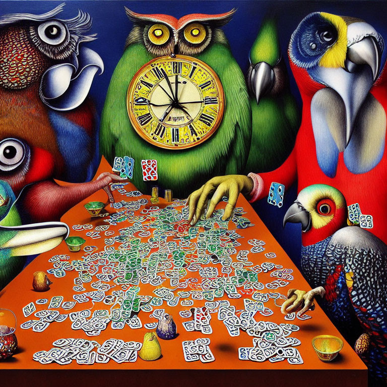 Colorful artwork: owl with clock face, parrot, surreal hands, mahjong tiles, liquid