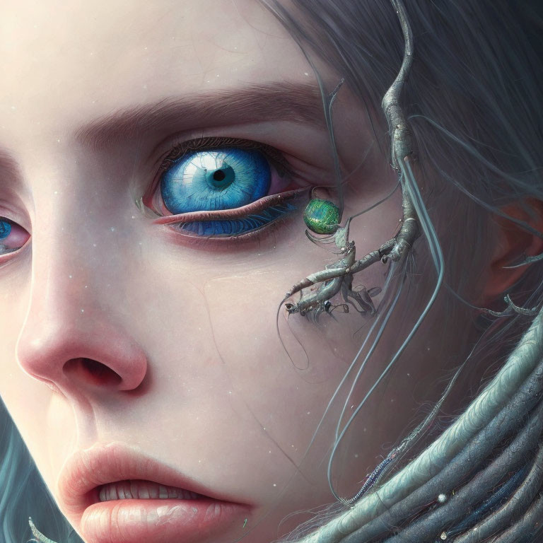 Person with Striking Blue Eyes and Green Lizard-Like Creature in Surreal Setting