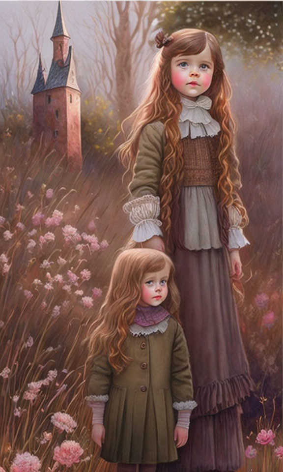 Illustrated young girls in vintage dresses in misty meadow with castle tower