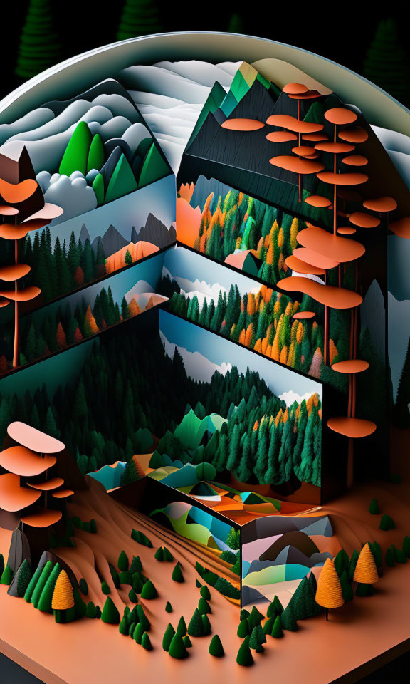 Colorful layered landscape illustration with stylized trees, mountains, and rivers in rich palette.