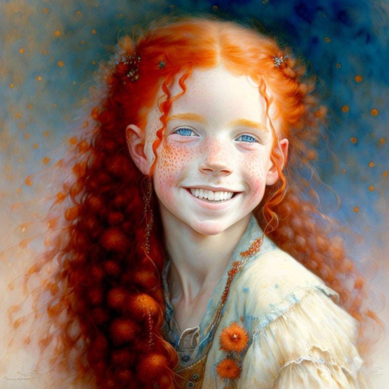 Red-haired girl with freckles and blue eyes smiling with orange flowers in hair