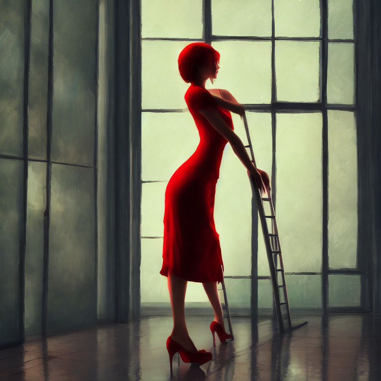 Woman in Red Dress and Heels Stands by Window with Ladder
