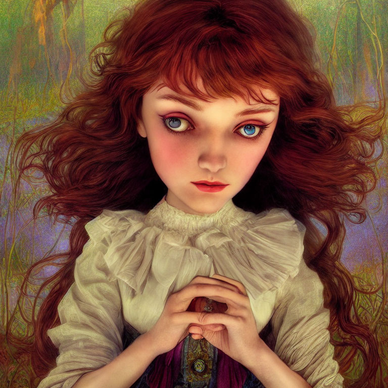Digital artwork: Young girl with blue eyes and red hair in forest.