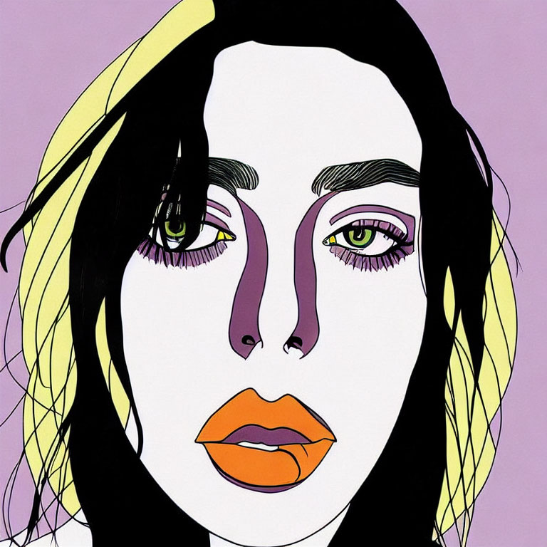 Colorful illustration of woman's face with yellow-lined eyes and orange lips on purple background