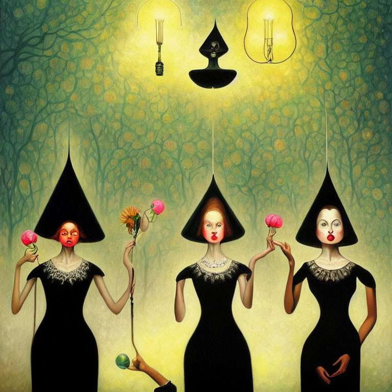 Four women in cone-shaped hats with colorful orbs, floating lamps, and surreal backdrop