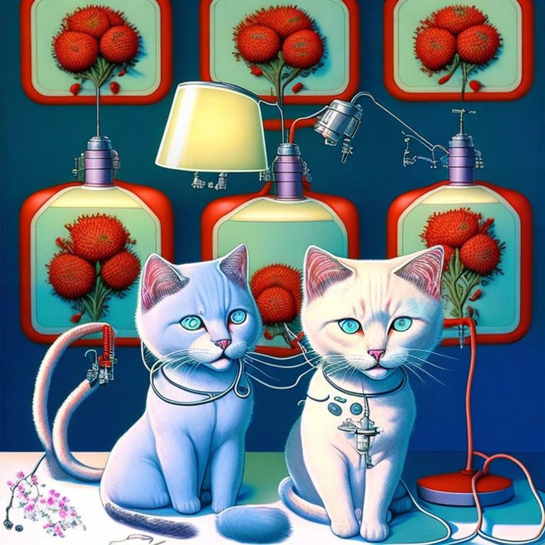 Two Blue-Eyed Cats with Stethoscopes in Surreal Room with Medical Equipment
