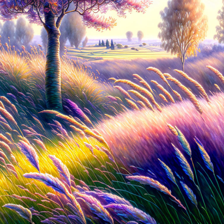 Serene meadow painting with colorful grasses and distant trees