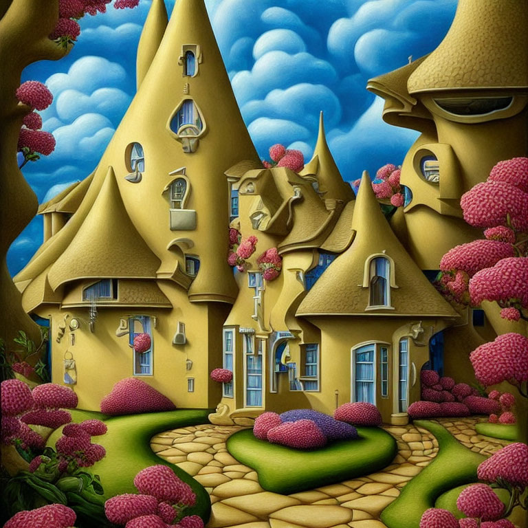 Whimsical fantasy illustration of yellow houses in lush greenery