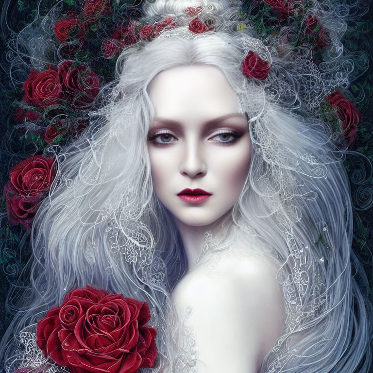 Pale woman with red lips and silver-white hair adorned with red roses and lace