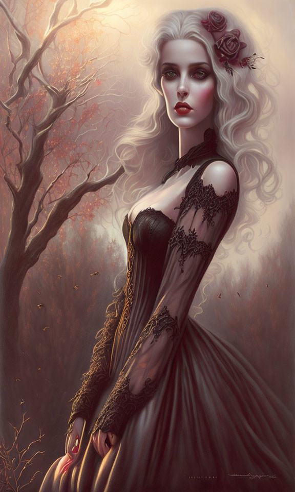 Pale-skinned woman with roses in hair, gothic black dress, in misty autumn woods