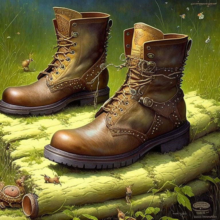 Brown Leather Boots with Intricate Details on Green Moss with Whimsical Creatures