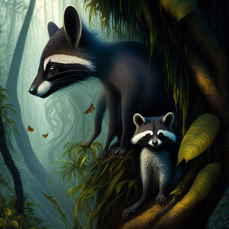 Moonlit forest scene with two raccoons and fireflies