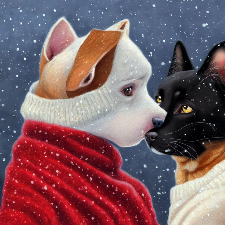 Dog and cat in sweaters enjoying snowfall together