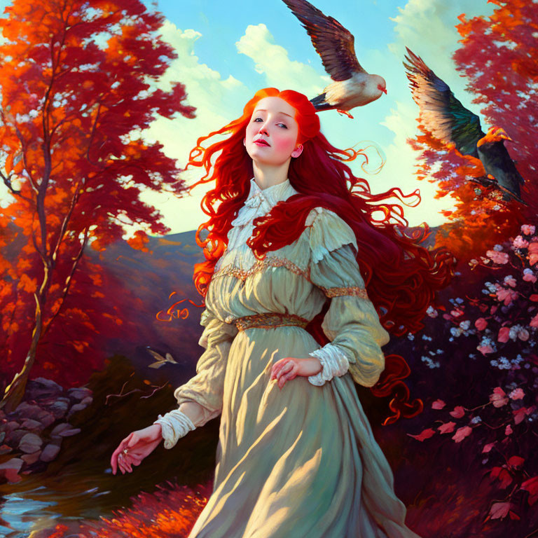 Red-haired woman in vintage dress in vibrant autumn forest with birds.