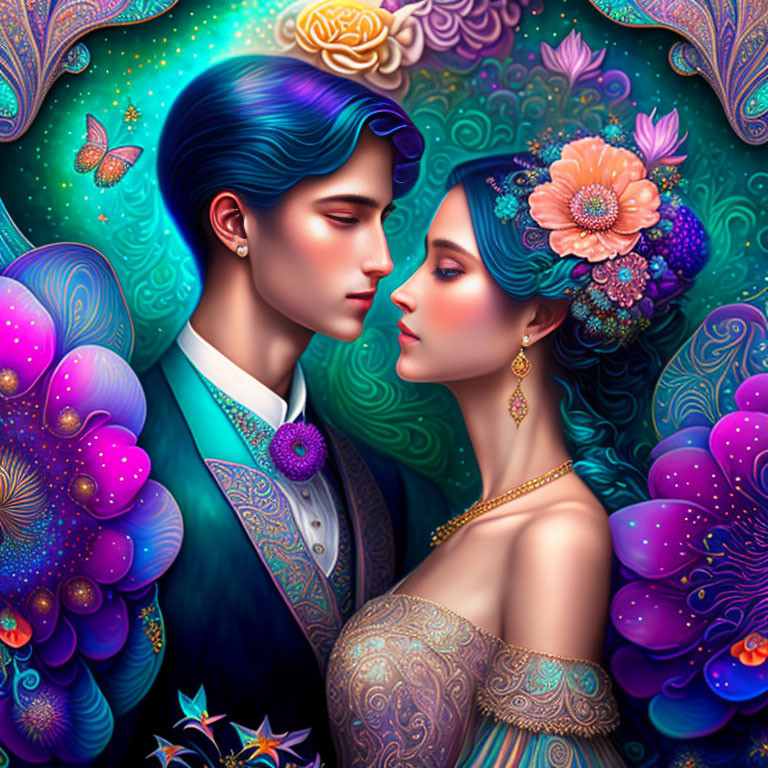 Colorful profile illustration of man and woman with ornate floral patterns