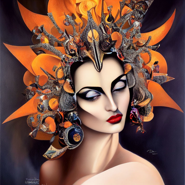 Woman with Stylized Makeup and Elaborate Orange Feather Headdress