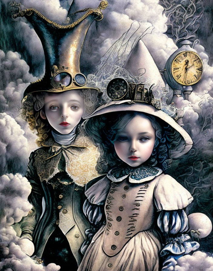 Steampunk-themed artwork with two figures in ornate attire and mechanical elements