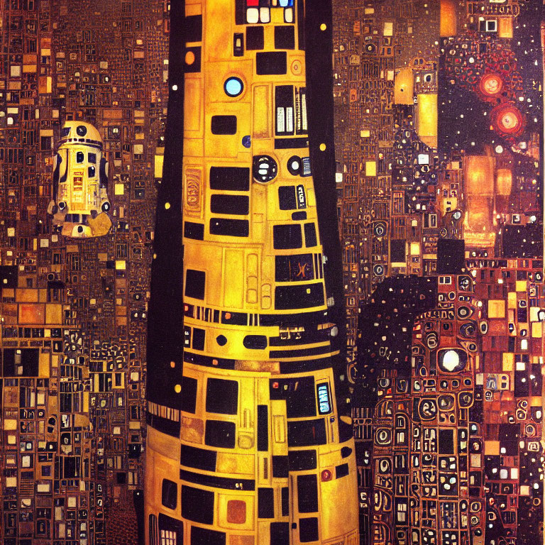 Stylized illustration of droids in a cityscape at night