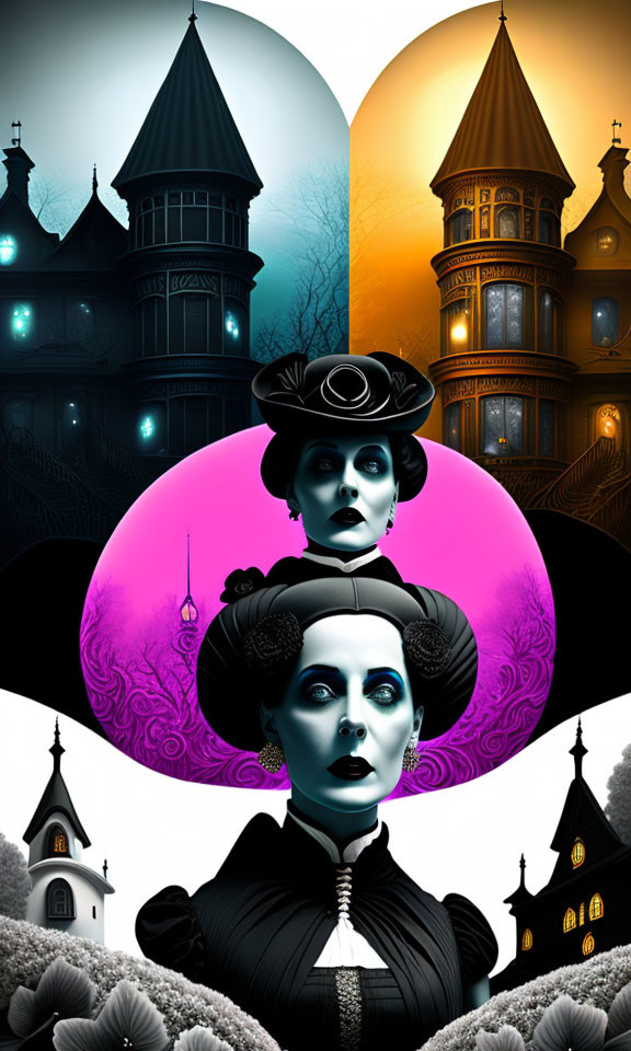 Stylized gothic image of woman in Victorian attire with split night and day sky