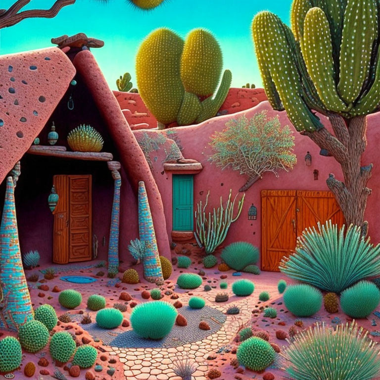 Colorful desert scene with cacti and adobe houses under blue sky