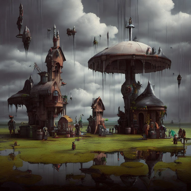 Fantastical Rainy Landscape with Quirky Elevated Buildings