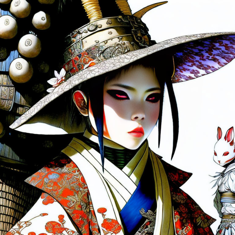 Stylized female warrior in traditional Japanese attire with rabbit and armory.