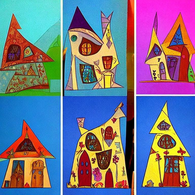 Six Colorful Abstract House Drawings in Two-by-Three Grid