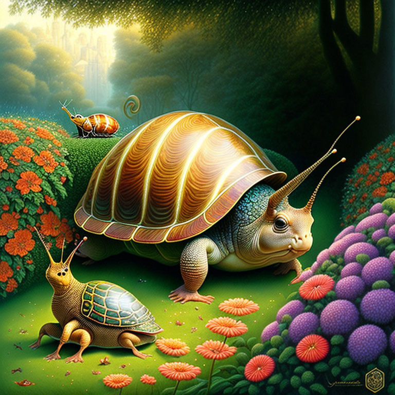 Colorful Snail Fantasy Illustration in Lush Garden