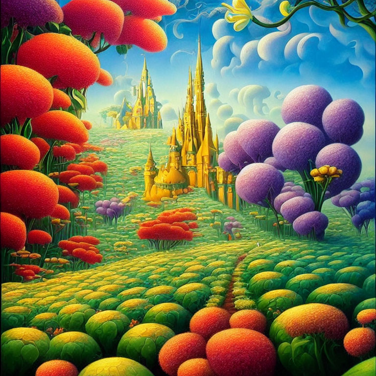 Colorful Fantasy Landscape with Castle and Oversized Flora