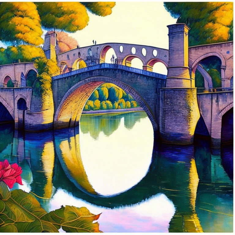 Historic stone bridge painting with arches, lush foliage, and clear skies