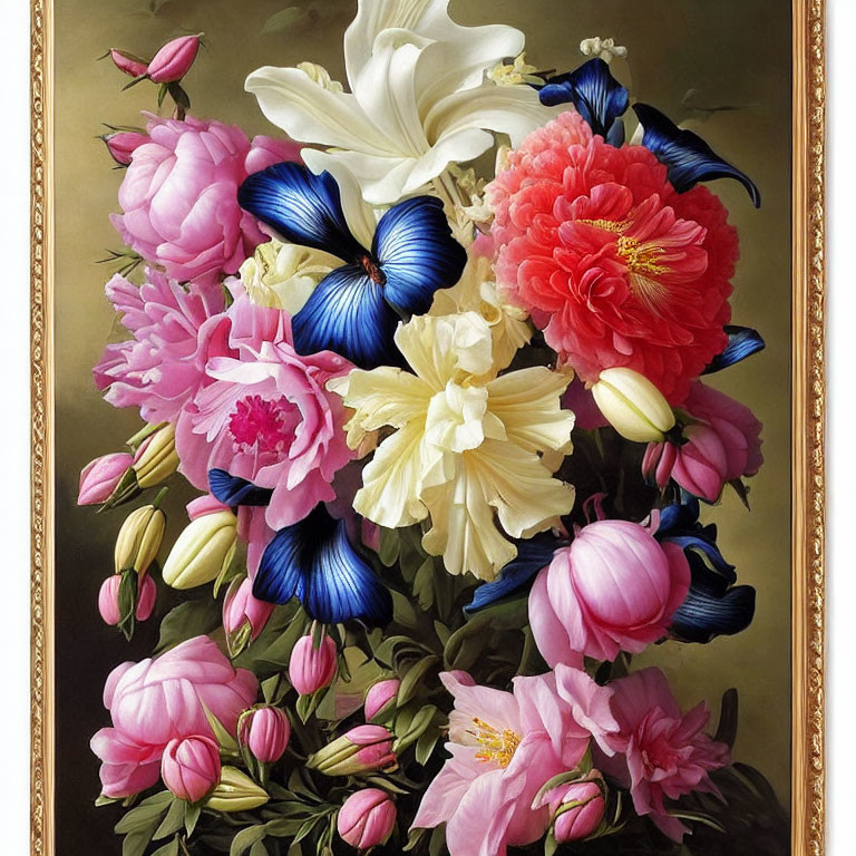 Colorful Floral Painting with Peonies, Lily, and Butterflies in Golden Frame