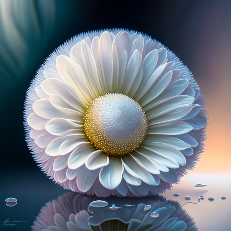 Detailed White Daisy Image with Textured Center and Water Droplets Reflection