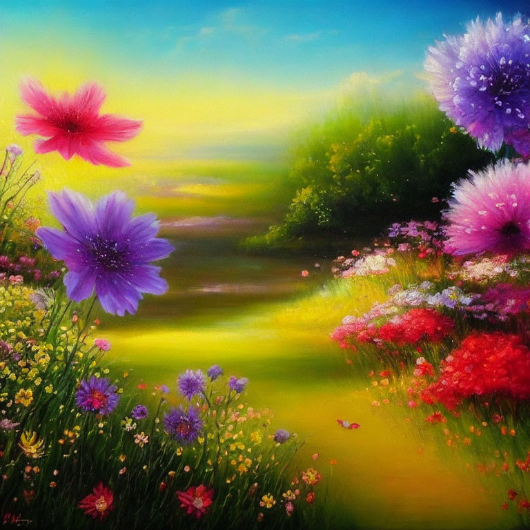 Colorful Flower Field Painting with Pink and Purple Blossoms