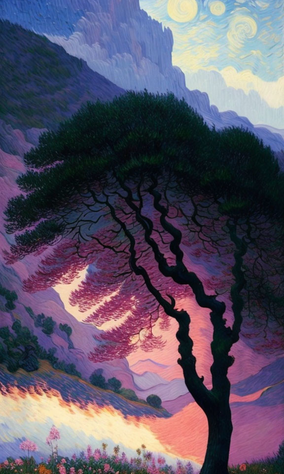 Colorful painting of solitary tree against whimsical landscape