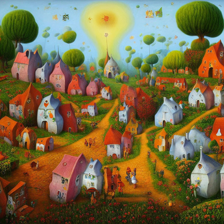 Colorful Stylized Houses in Whimsical Landscape with Figures
