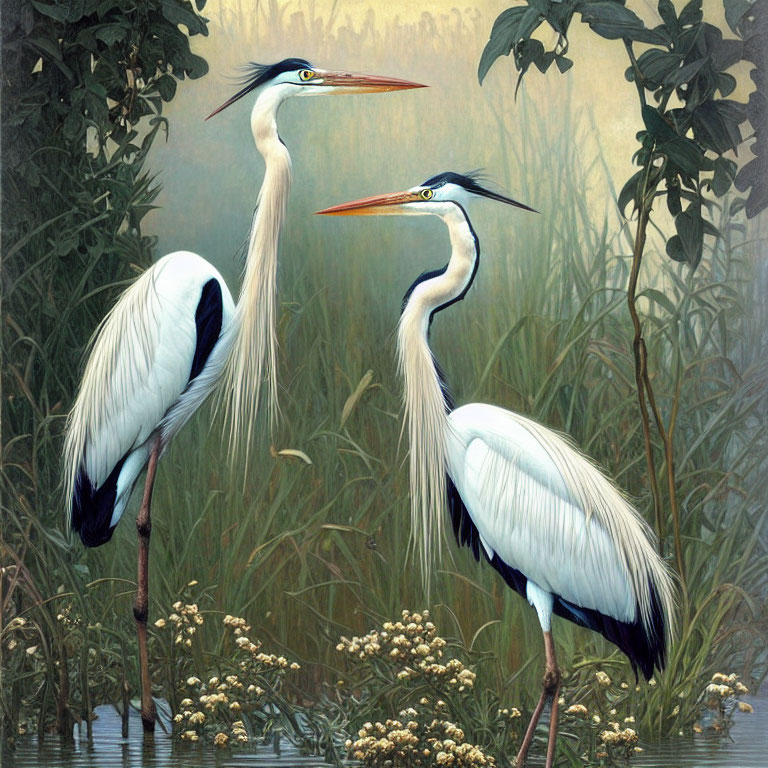 Elegant herons in green reeds with white plumage and orange beaks