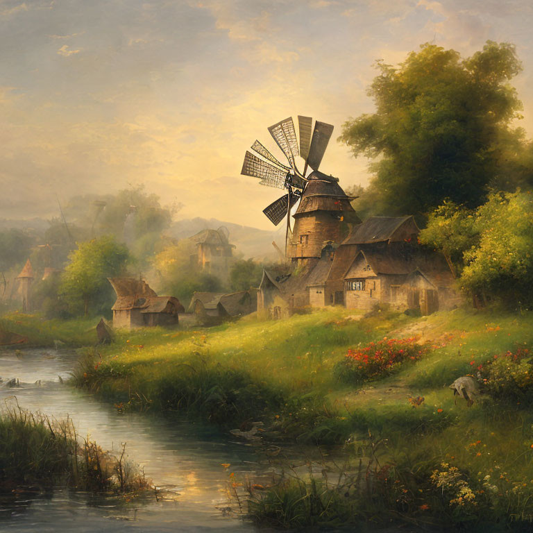 Rustic village painting with thatched cottages and windmill by river