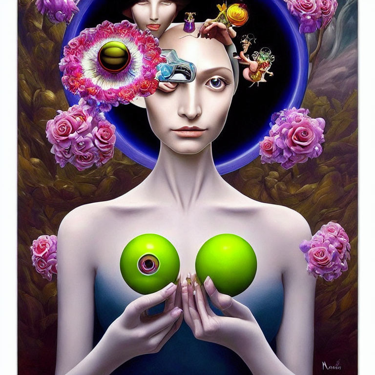 Surrealist portrait with floral headdress, planetary elements, third eye, and green spheres