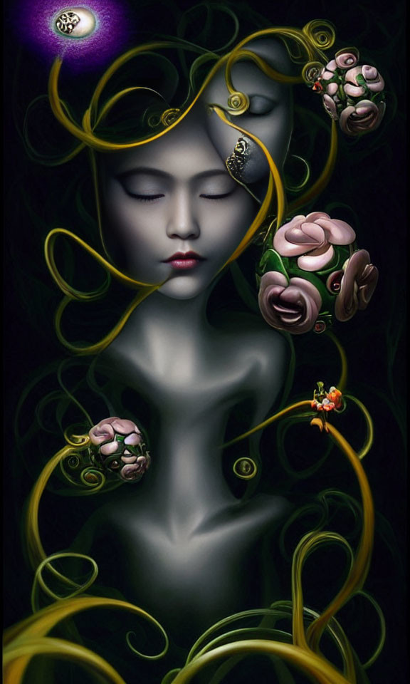 Surreal portrait of woman with closed eyes and golden swirls