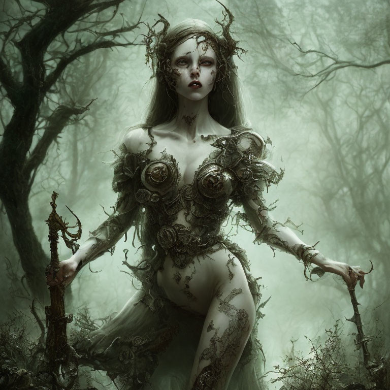 Pale-skinned mystical female figure in elaborate nature-inspired attire in foggy, twisted forest