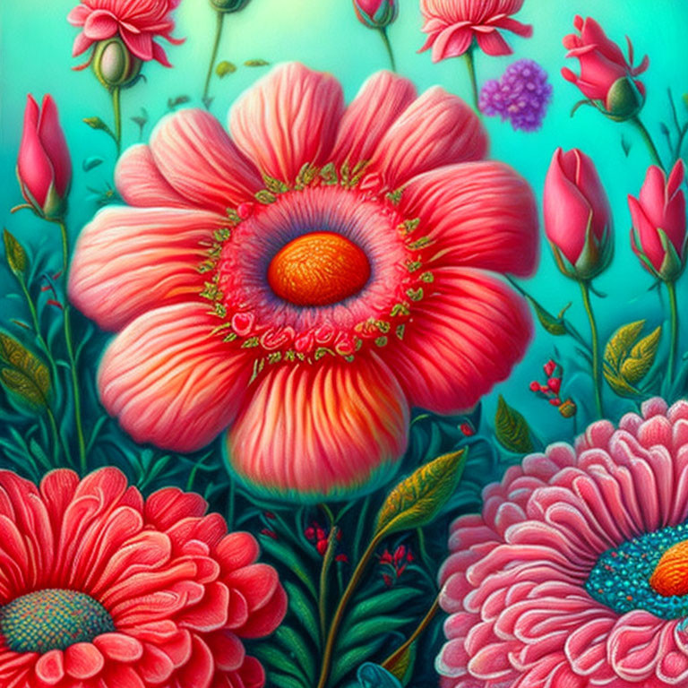 Colorful Digital Artwork of Large Pink Flower and Blossoms
