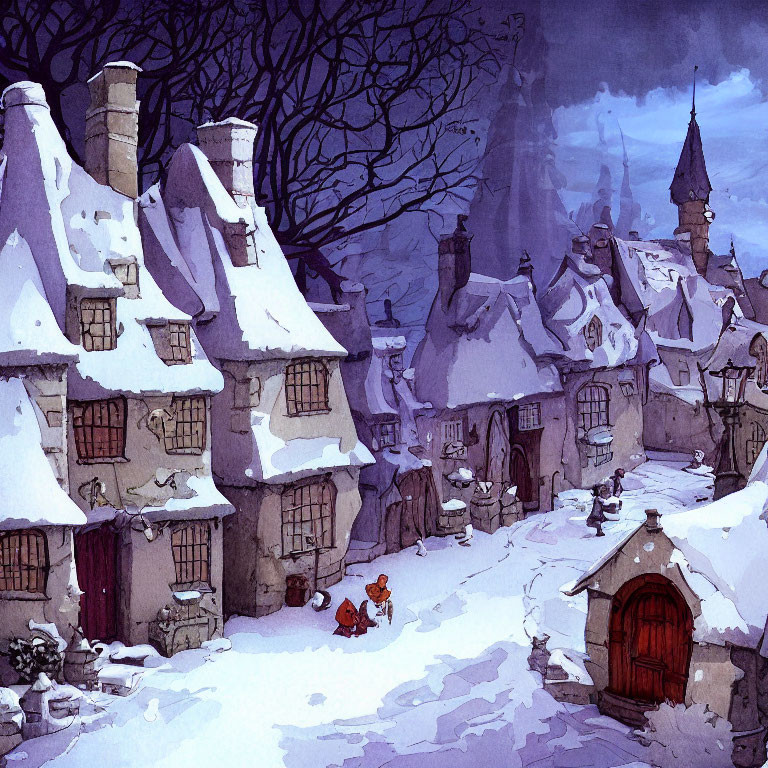 Snowy village illustration with cozy houses, chimneys, and fox walking.