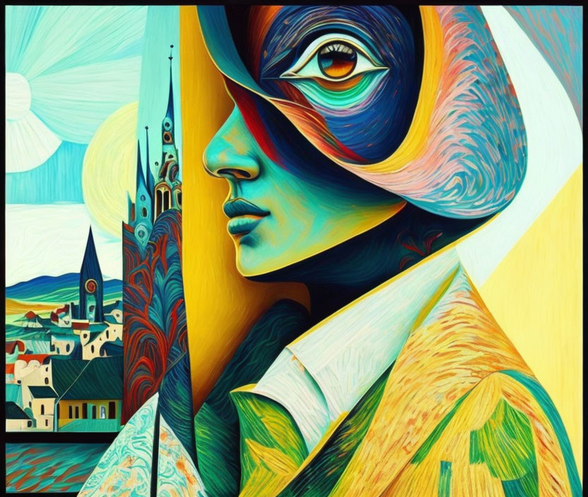 Colorful Cubist-Style Profile Face Merged with Landscape