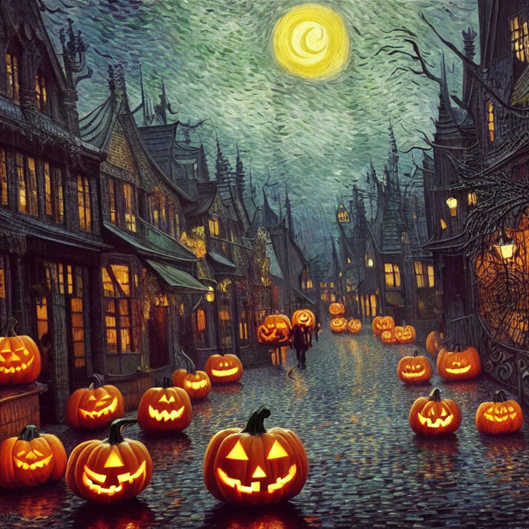 Lit Jack-o'-lanterns on Halloween street with couple under swirly night sky