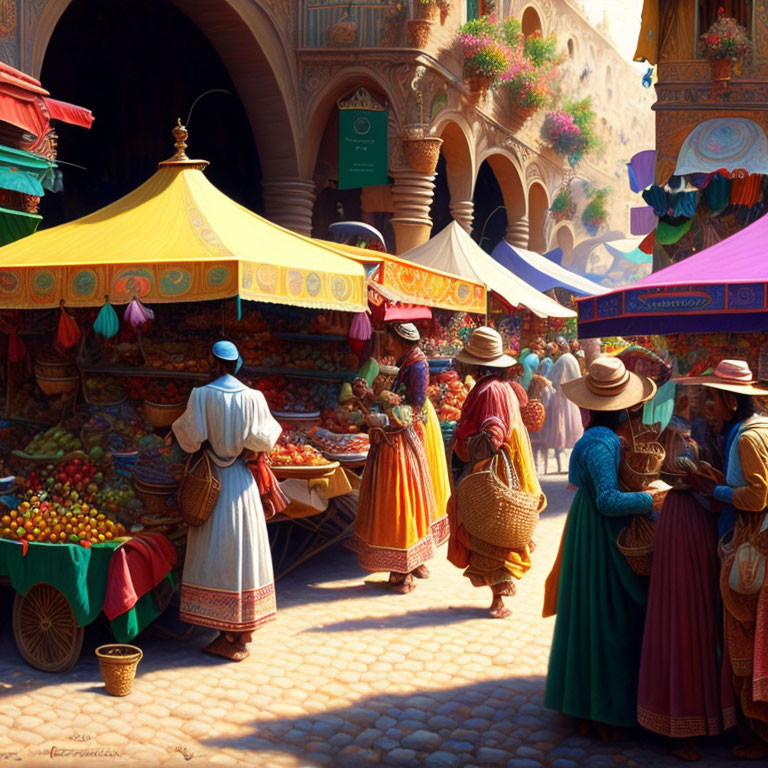 Traditional Clothing Market Scene with Colorful Fruits and Bright Canopies